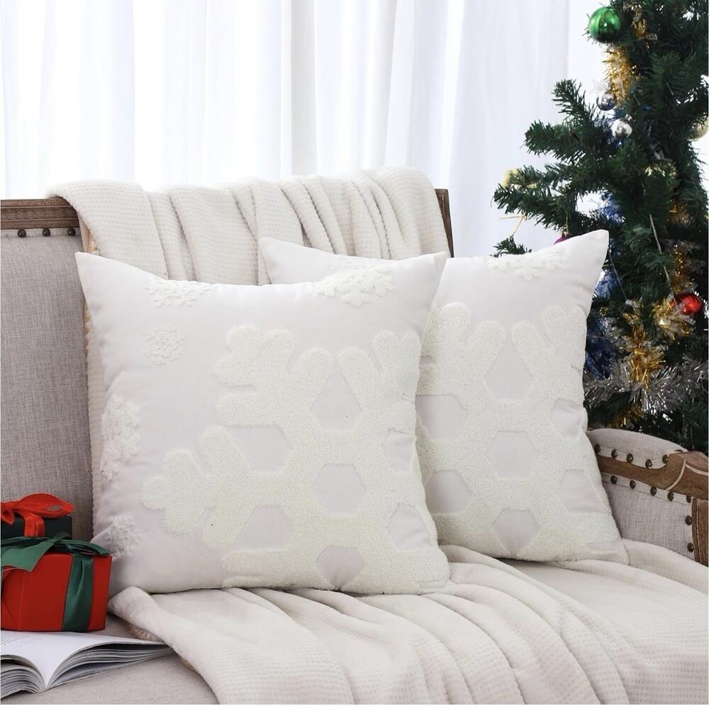 Christmas Throw Pillow Covers 18x18 Inch Set of 2 Pillow Cases White Snowflake